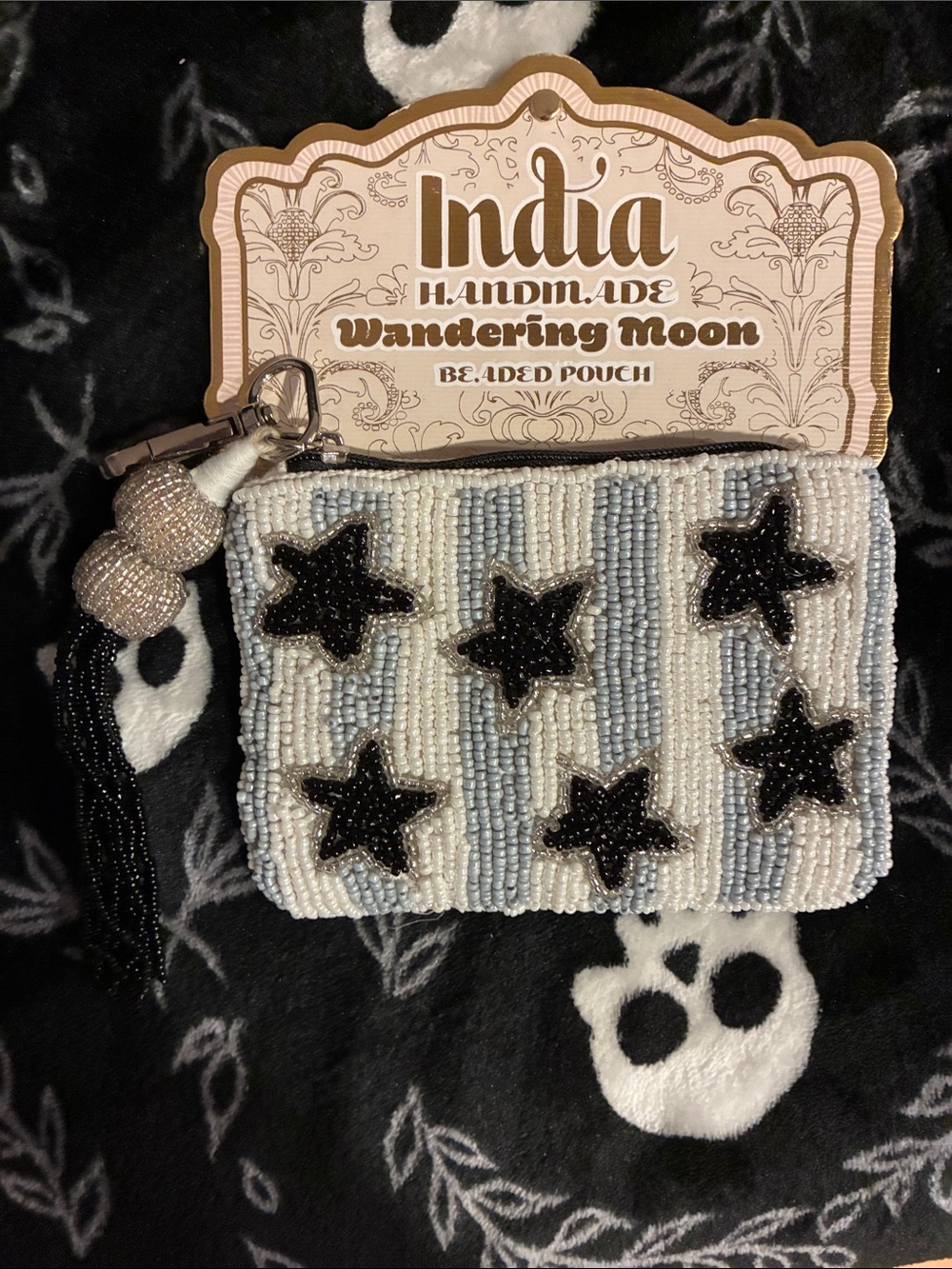 India Handmade Beaded Star Pouch - White Blue & Black